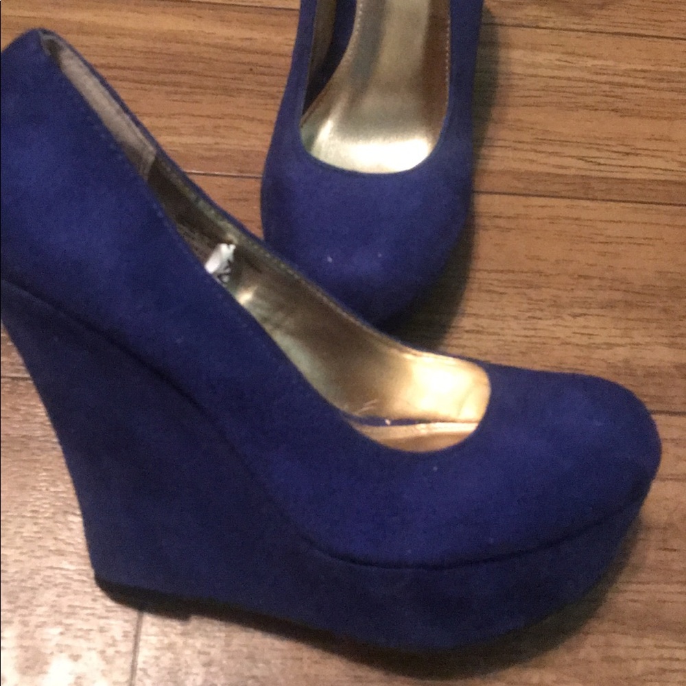 Blue suede wedges